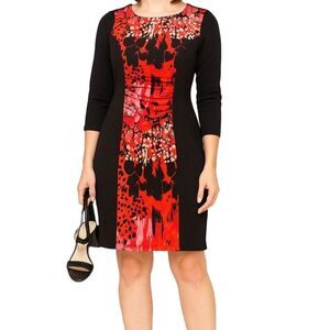 MSK Black Red Printed Paneled Midi Dress With Quarter Sleeves XL Officewear